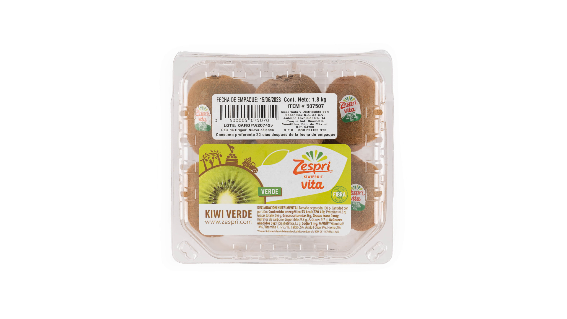 Empaque de kiwi verde Zespri de 1.8 kg sobre fondo blanco