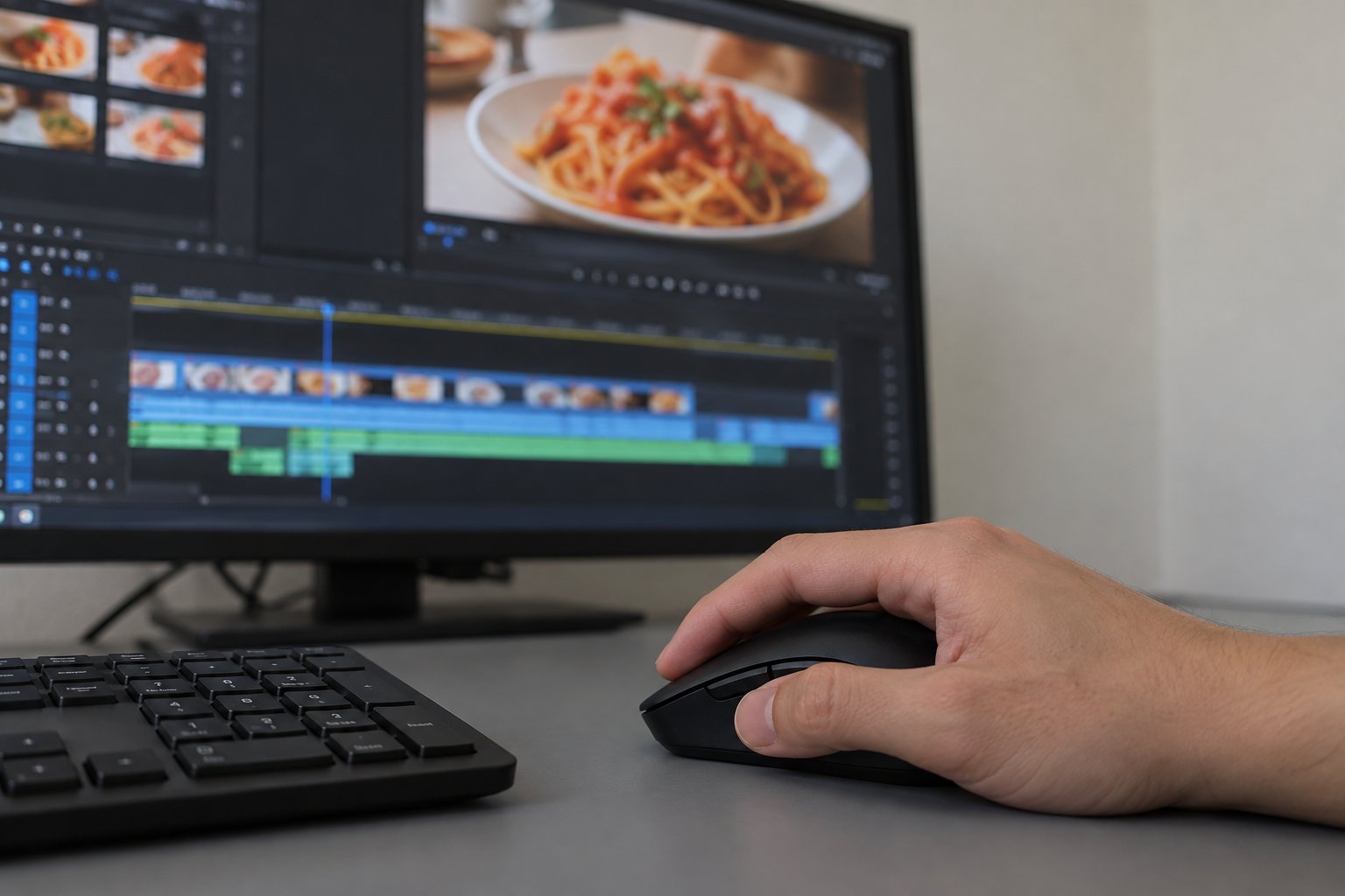 Edición de video de un platillo de pasta en un monitor con línea de tiempo